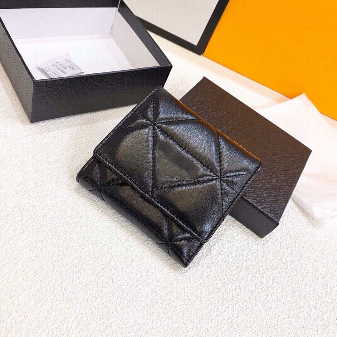 

F/W Womens Classic Trifold Insert Change Lambskin Wallet Bags Quilted Luxury Designer Card Holder Black Genuine Leather Purse 12X10CM