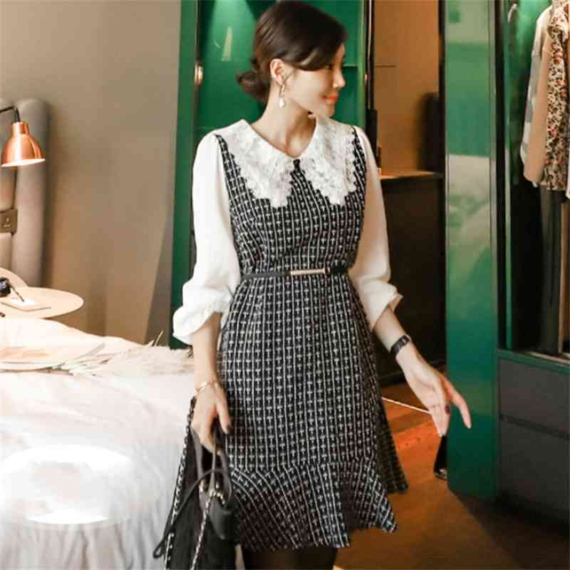 

Autumn Temperament Ladies Small Fragrant Tweed Patchwork Lace Peter Pan Collar Fake Two Pieces Mini Dress Vestidos Free Belt 210526, Picture color