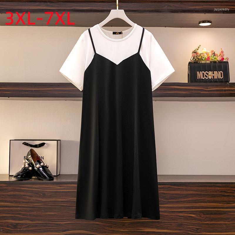 

Plus Size Dresses 2022 Summer T-shirt Dress For Women Large Loose Short Sleeve Cotton White Midi 3XL  5XL 6XL 7XL Jasp22, Black