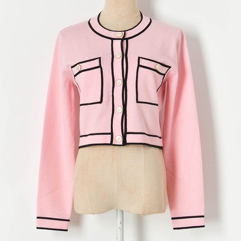 Tricots pour femmes T-shirts Piste Rose Cardigan Crop Top 2022 De Luxe Recadrée Femmes Col Rond Simple Poitrine Tricoté Pull Court ManteauFemmes