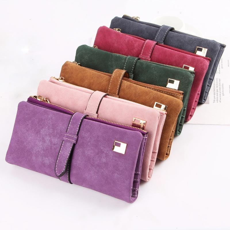 

Fashion Women Wallets Drawstring Nubuck Leather Zipper Wallet Womens Long Design Purse Two Fold More Color Clutch, Rose red