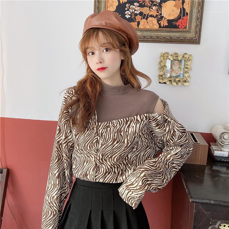 

Fake Two Pieces Autumn Style Off Shoulder Blouses Zebra Pattern Shirts Woman Vintage Hollow Out Ladies Tops Fashion Brand Women's &, Black