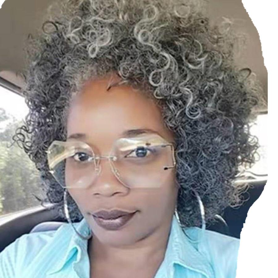 

Short silver grey afro kinky curly bob wig for lady non lace salt and pepper human hair wig, Like pic
