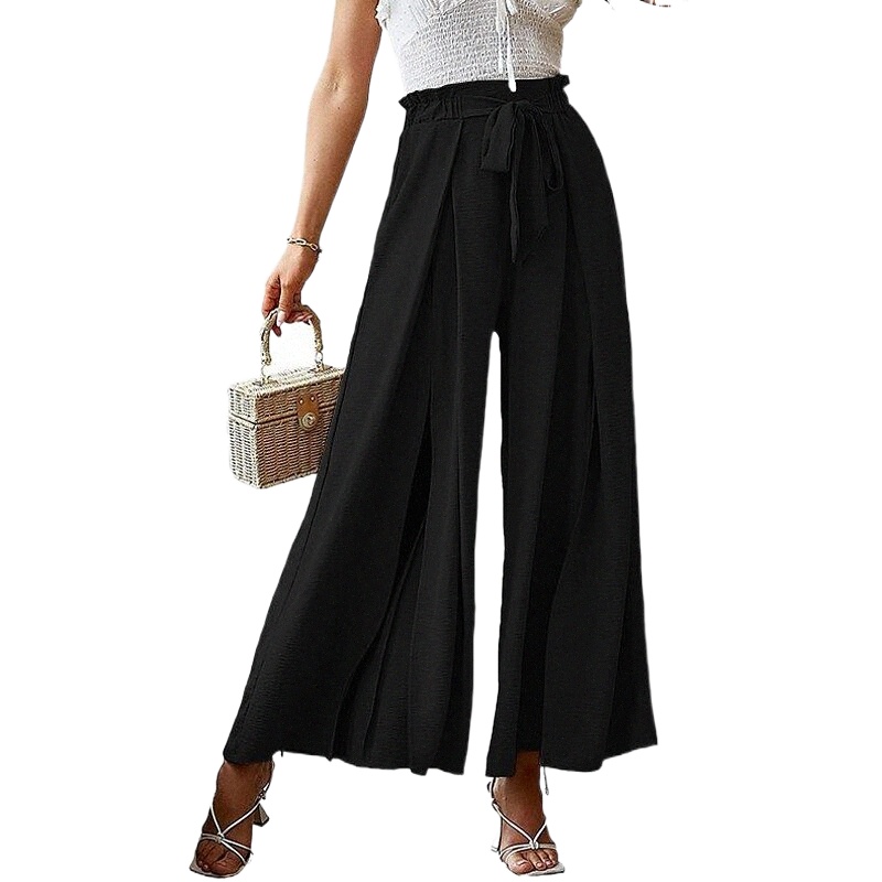 cross-border european and american amazon 2022 spring and summer new bow loose high waist pleated wide leg pants with belt pants e4lj#