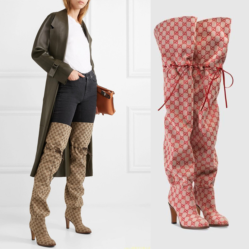 Big G foreign trade autumn winter boots new thick heel strap over-the-knee boots fashion casual canvas mid-heel round toe sleeve boots women