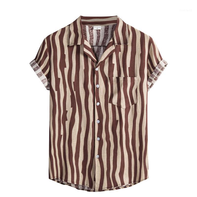 

Men's Casual Shirts Design Plus Size Stripe Print Short Sleeve Shirt Button Turn-Down Collar Men 2022 Blouse, Coffee