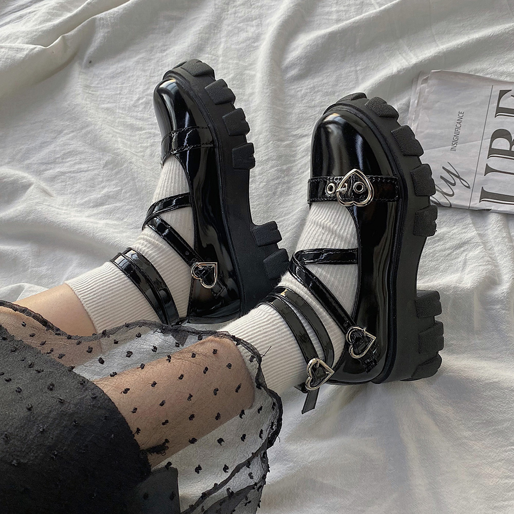

Sweet Lolita Shoes Platform Round Head Thick Heel Cross Bandage Women Shoes Kawaii Shoes Cosplay Mary Jane Heart Buckle, Light