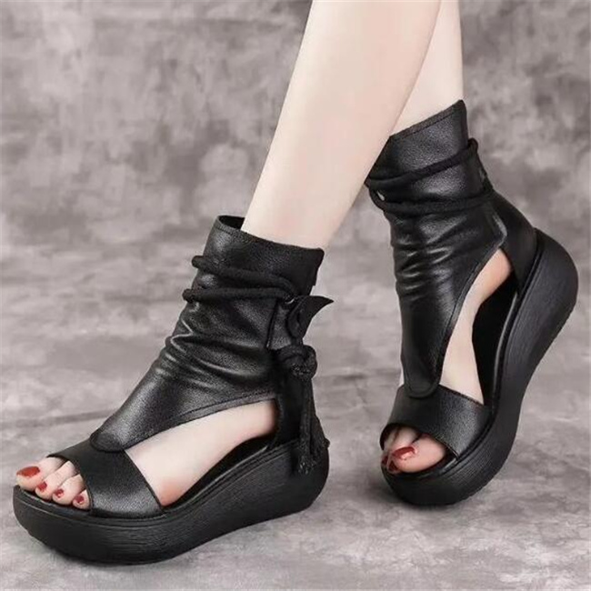 

2022 New Summer Women Sandals Mid Heels Wedges Shoes Ladies Retro PU Leather Plus Size Sandalias Mujer Sapato Feminino, Brown