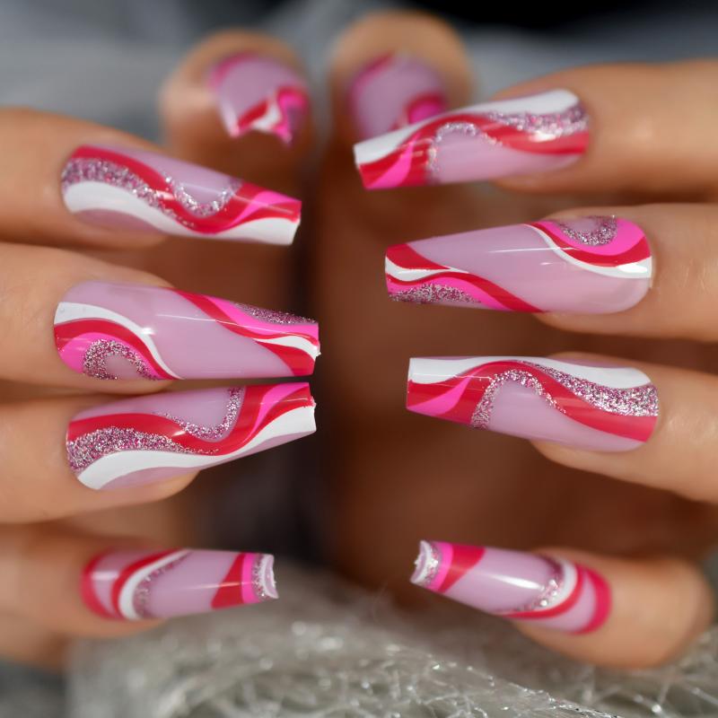 

False Nails Mix Line With Design Coffin Medium Size Fake Press On Glitter Fingernails Wholesale Pink Pattern Personal CoolFalse, L6252