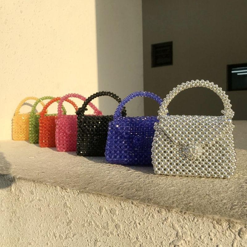 

Shoulder Bags Beaded Bracelet Over-the-shoulder Bag Women's Hyuna Style Square Sling Cute Woven INS Handmade Acrylic Mini BagShoulder, Pink
