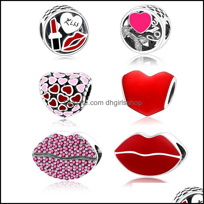 

Sier Loose Beads Jewelry Original Pan Bracelet Charms Jewelery Plated Metallic Red Heart Lip Charm Women Gifts Diy Dhihr
