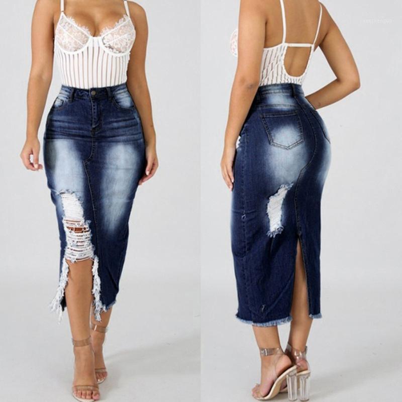 

Skirts SAGACE Summer High Waist Skirt Ripped Destroyed Bodycon Street Style Denim Jeans Strench Sexy Club, Blue