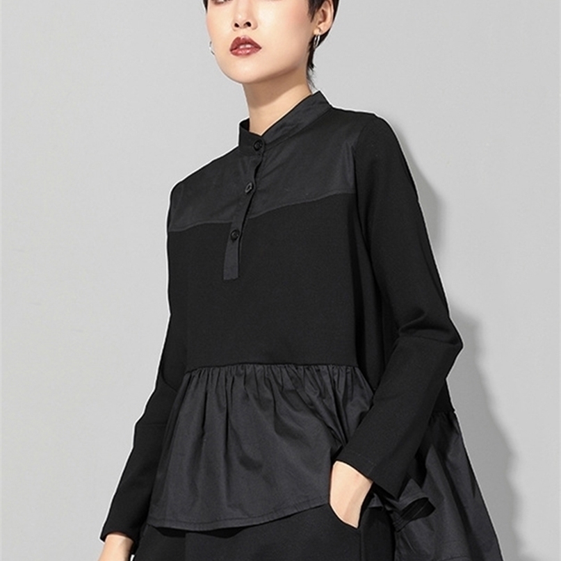 

[EAM] Spring Autumn Stand Collar Long Sleeve Black Loose Hem Pleated Stitch Irregular T-shirt Women Fashion JQ016 220402