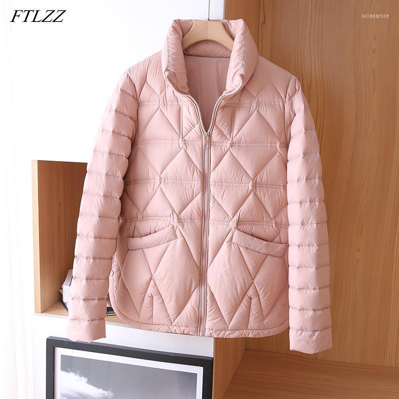 

Women' Down & Parkas FTLZZ Winter Stand Collar Solid Ultra Light Short Jacket Women 90% White Duck Coat Irregular Loose Outwear Luci22, Beige