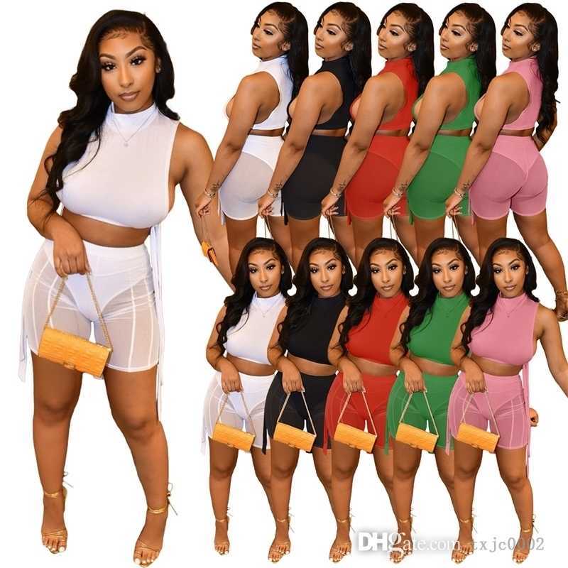 

Summer Tracksuits Shorts Sets Sexy Outfits For Women 2 Piece Set Side Hollow Out Mesh Pants Sheer Short Capris Bandage Sleeveless Vest Casual Suit, White