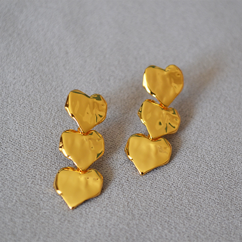 

Vintage Three Hearts Dangles Gold Brass Earrings