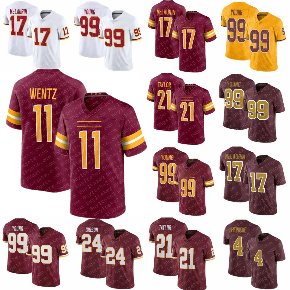 

11 Carson Wentz 17 Terry McLaurin 99 Chase Young Football 21 Sean Taylor Jerseys Washingtons 24 Antonio Gibson 4 Taylor Heinicke Commander Stitched Jersey, Shown