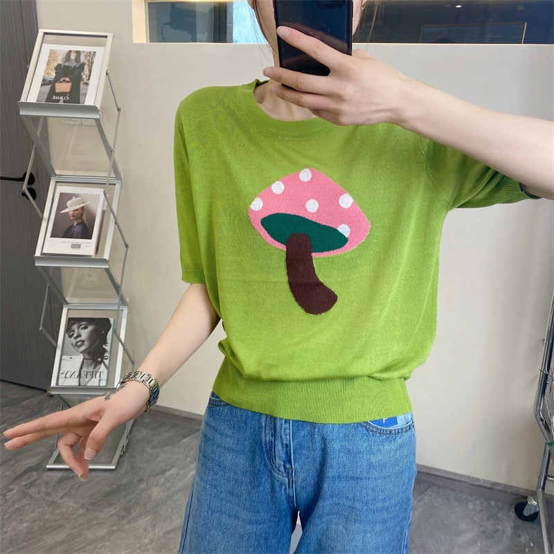 

2022 Fashion new jacquard embroidery mushroom knit short-sleeve round neck pullover top, Green