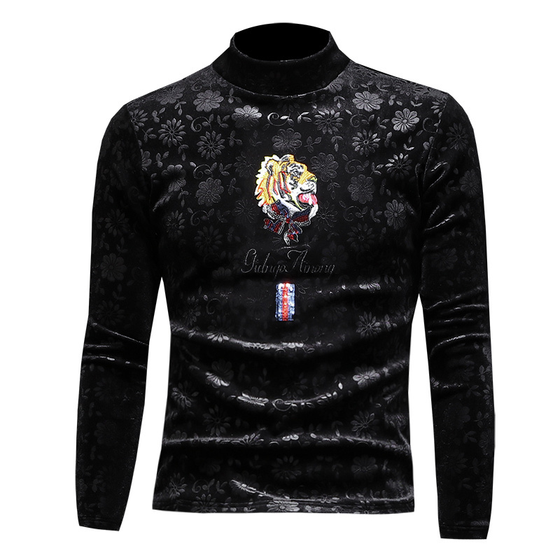 

Four Seasons Men's Tops Round Neck Long Sleeves T-Shirts Trend Embroidery Fashion Print Sweatshirts Ladies Stretch Cotton Bottoming Shirts Asian size S-4XL, Black