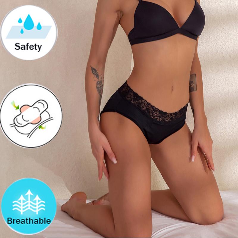 

Women' Panties Leak Proof Menstrual Period Women Underwear Four Layers Physiological Pants Sexy Lace Waterproof, Black