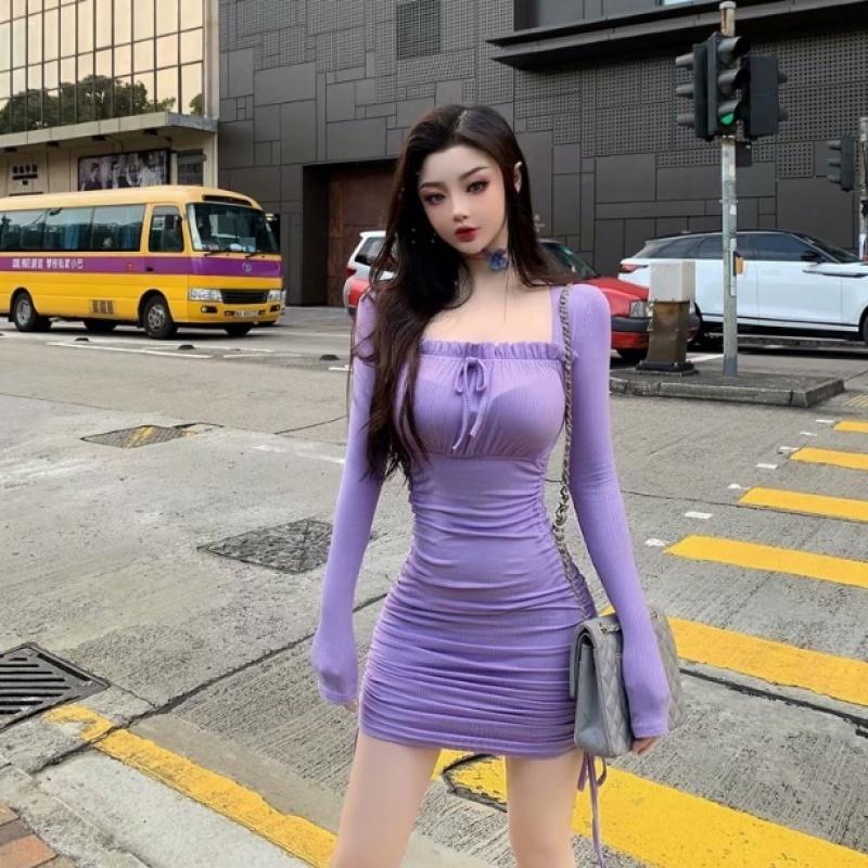 

Casual Dresses Square Korean French Neck Bandage Pleated Slim Mini Dress Autumn Skinny Hip Short Pink Sexy Women 08XX, Black;gray