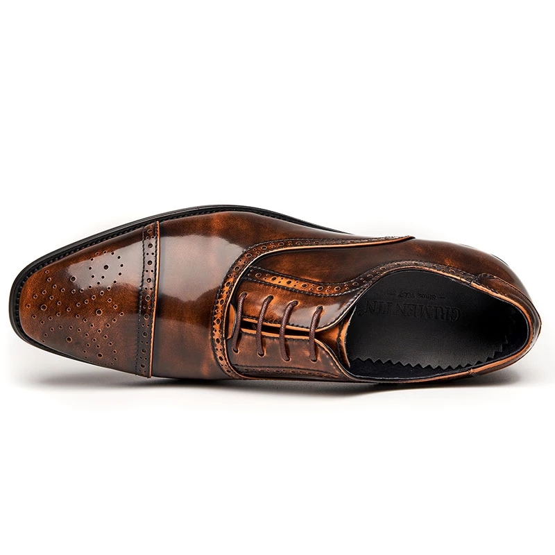 

2022 Vintage Mens Patent Leather Cap Toe Brown Lace Up Shoes for Office, As pic
