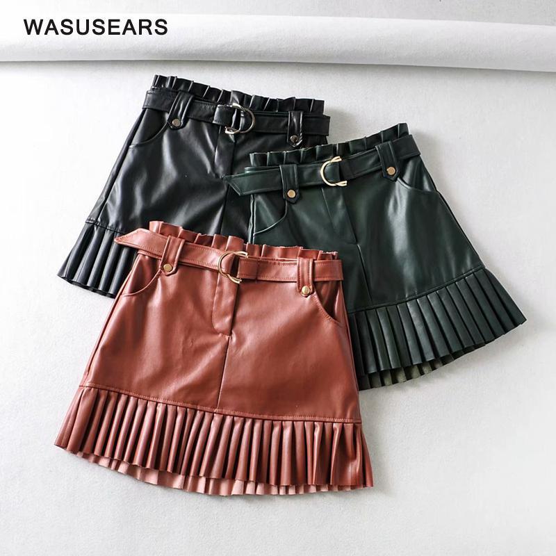 

Ruffle High Waist Skirts Mini Sexy Chic Korean Punk Skirt Elegant Leather Women Faux With Pockets, Red