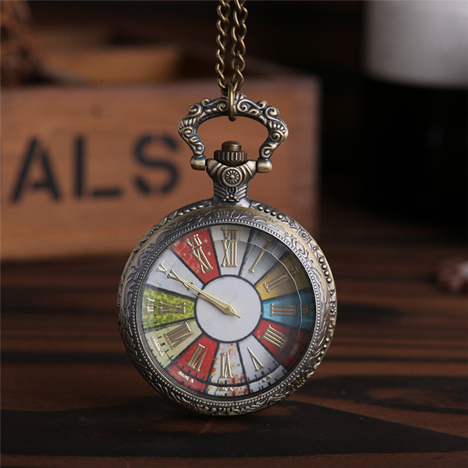 

10pcs Nostalgic large glass transparent flip ancient Roman dial Pocket Watch -8, Black