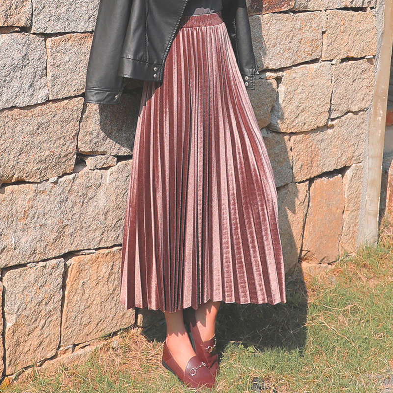 

Gold Velvet Autumn Spring Women High Waist Long Metallic Maxi Pleated Midi Casual Small Swing Dance Skirt Y200326, Ddjh-black01