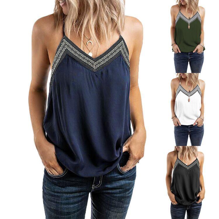 

Women' Tanks & Camis Summer Embroidered V-neck Halter With Sleeveless Vest For Women Casual Loose Off Shoulder Top Sexy Tops, White