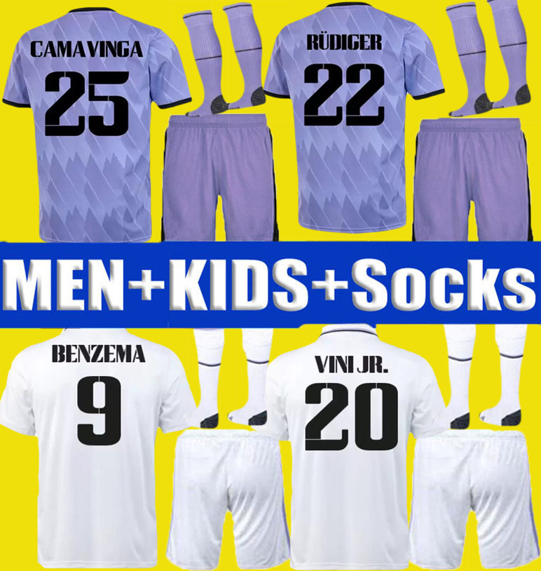 

VINI JR BENZEMA soccer jersey 22 23 football shirt Real Madrids CAMAVINGA ALABA MODRIC VALVERDE Fourth camiseta men kids full set 2021 2022 TCHOUAMENI kit uniforms, 22-23 away+ul patch