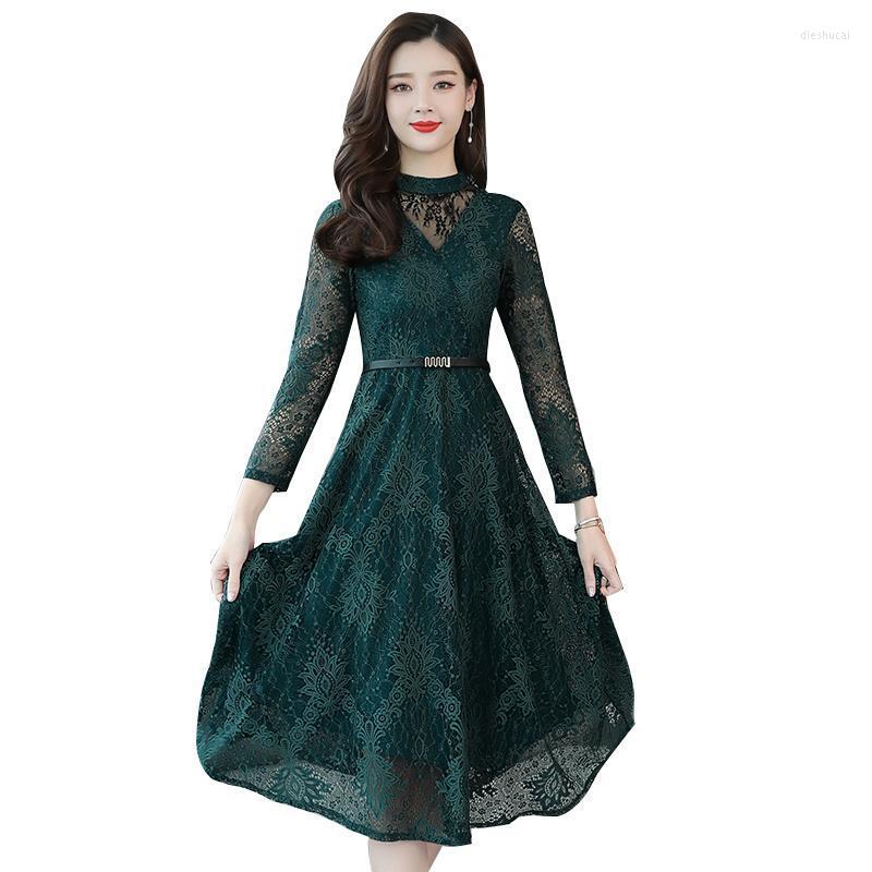 

Casual Dresses Women Vintage Lace Dress Elegant Long Sleeve Sexy Vestidos 2022 Spring Autumn Stand Collar Party, Black
