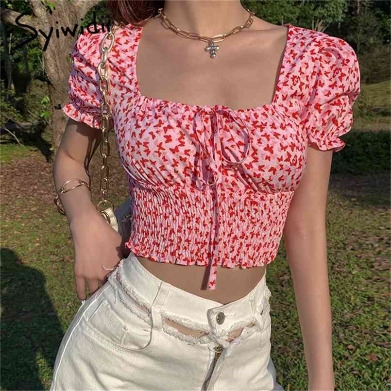 

Crop Women Tops Pink Blouse Puff Sleeve Tshirts Fashion Summer Lace Up Shirts Sky Blue Folds 210607