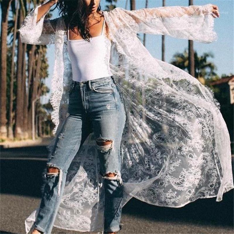 

Women's Blouses & Shirts Sexy Transparent Embroidery Long Beach Kimono White Sleeve Belted Fringed Plus Size Women Clothes 2022 N516, Black