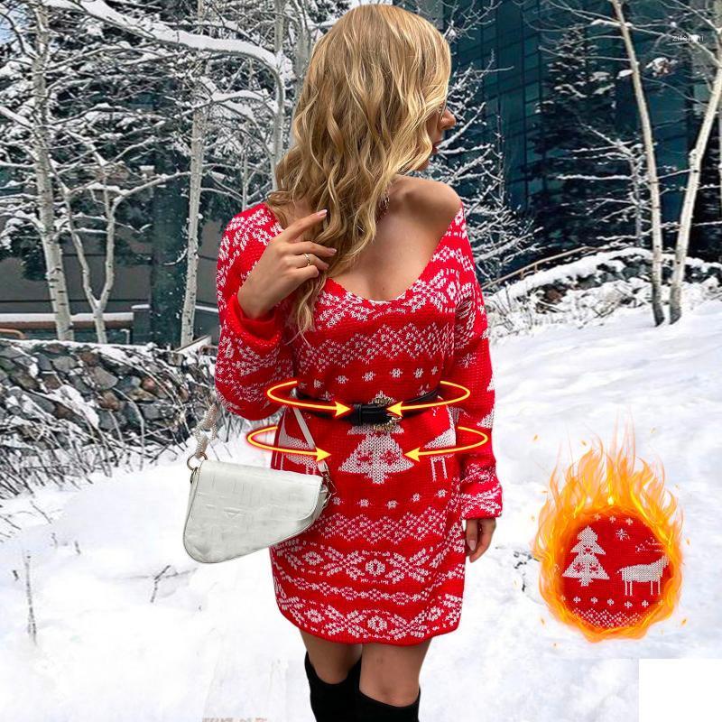 

Casual Dresses Christmas Sweater Dress For Women 2022 Sexy Snowflake Pullover Knit Mini Merry Xmas Printed Mujer Robe, Red