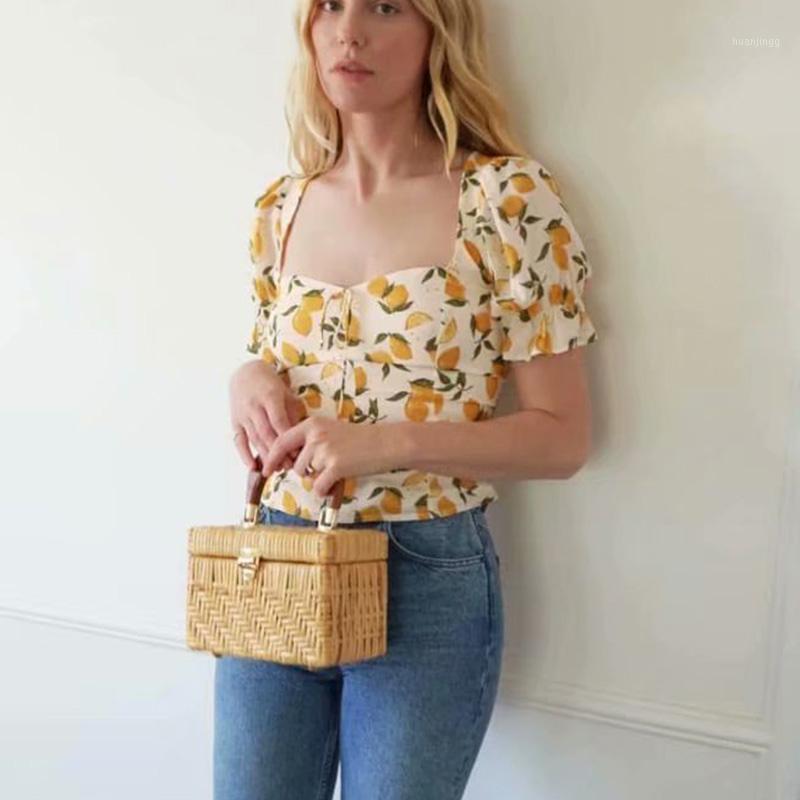 

Vintage French Women' Blouses And Shirts Square Neck Elastic Waist Sexy Crop Top Short Sleeve Summer Flower Print Women, Orange