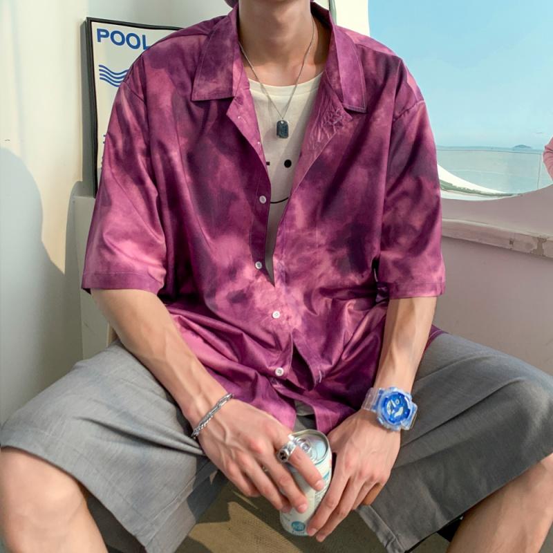 

Men's Casual Shirts EOENKKY/2022 Summer Tie-dye Men's Short-sleeved Shirt Harajuku Street Loose Graffiti Korean Cardigan TopMen's, Blue