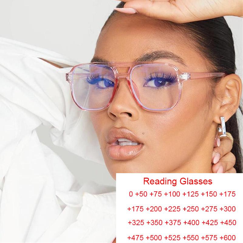 

Sunglasses Fashion Transparent Pink Reading Glasses Women Men Double Bridge Oversized Square Eyeglasses Anti Blue Light Presbyopia 1.5 2Sung