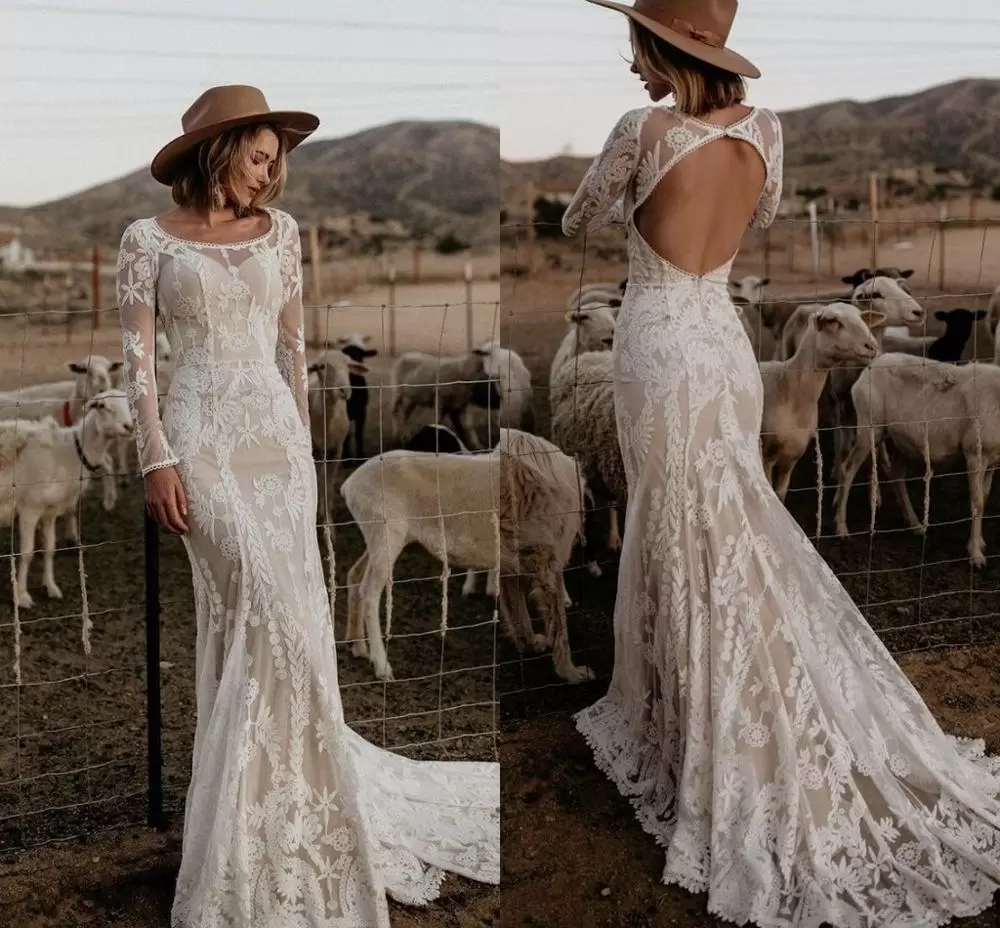 

Modern Long Sleeve Boho Country Hippie Gothic Wedding Dresses 2022 Mermaid Lace Appliques Scoop Neck Bridal Gowns Backless Robes De Mariee C0609G08, White