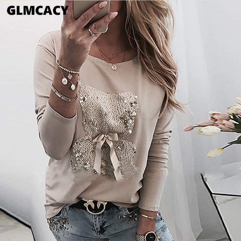 

Women Bear Pattern Sequins Bowknot Round Neck Long Sleeve Tshirt Casual T Shirt Tops Y200109, Khaki