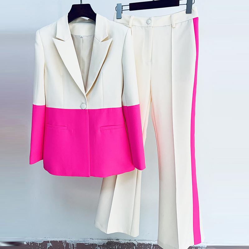 

Women' Two Piece Pants Red RoosaRosee Fashion Spring Women Designer Turn-down Collar Single Button Color Block Blazer Flare Twinset Suit Fe