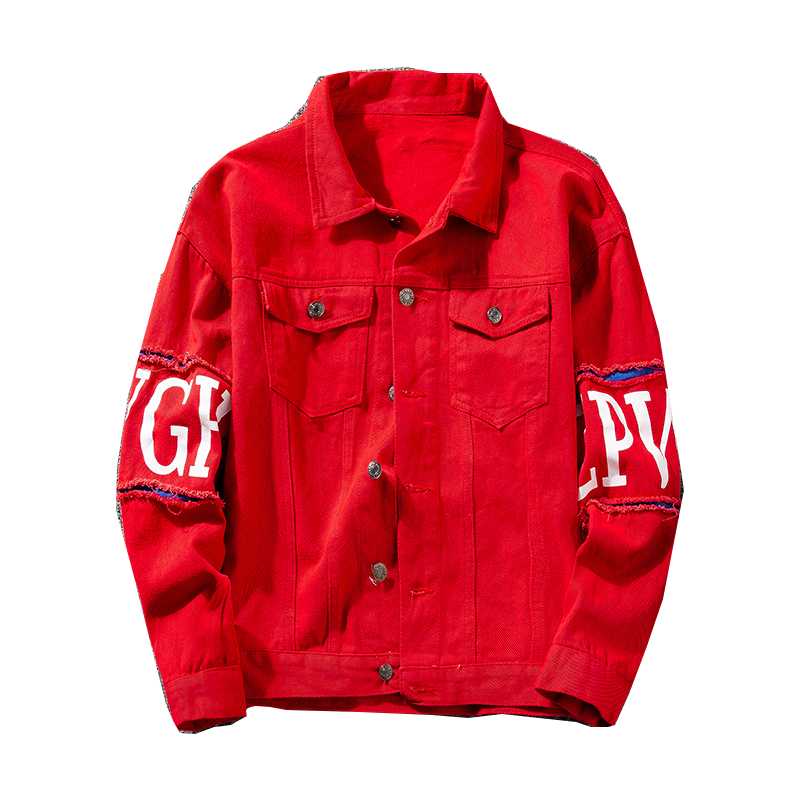 

Men's Jackets Men And Women Denim Jacket Red Pink Purple Black Streetwear Skinny Destructive Harajuku PrintMen's