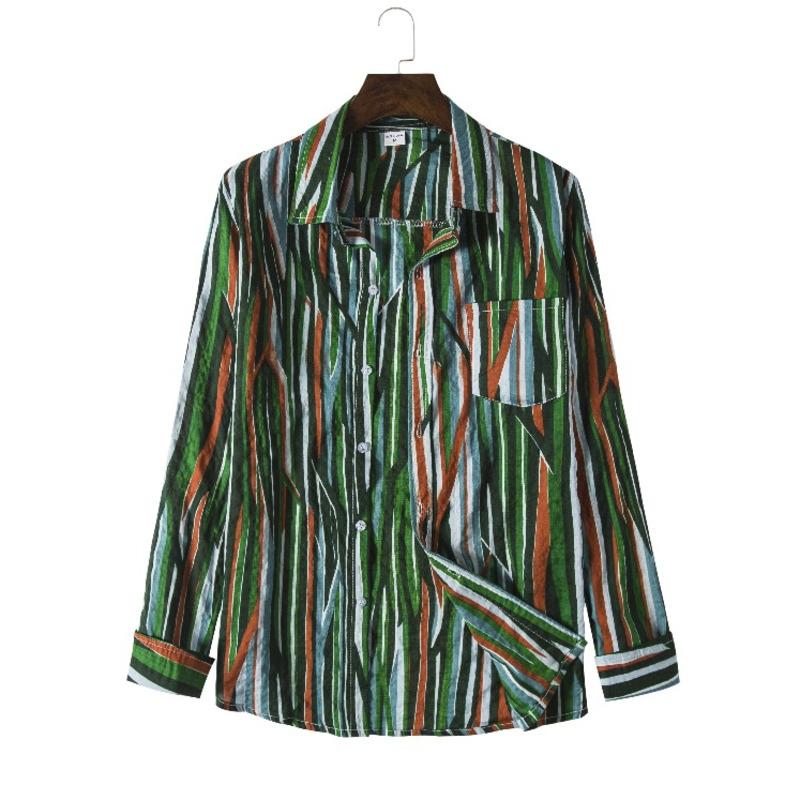 

Men's Casual Shirts #7140 Vintage Vertical Striped For Men Lapel Collar Cotton Linen Men's Shirt Long Sleeve Thin Loose ShirtMen's, Green