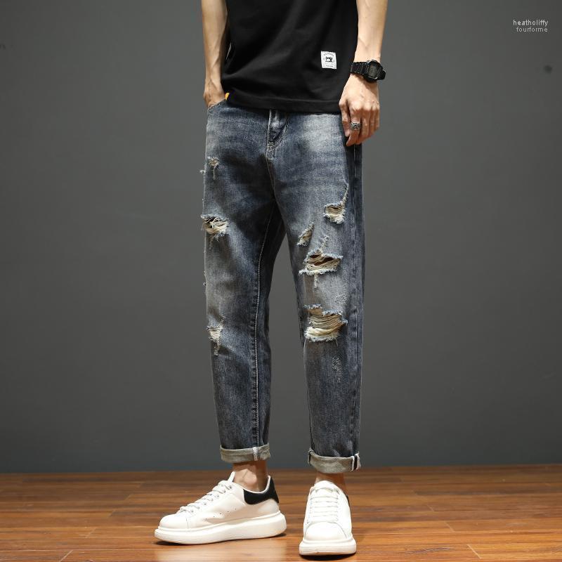 

Men's Jeans Teenagers Denim Pants Beggar Slim-fit Small Feet Frayed Trousers Male Stretch Casual Straight Pencil Heat22, Blue