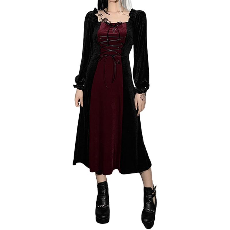 

Casual Dresses Female Long Dress, Contrast Color Square Neck Sleeve Lacing One-Pcs Wear For Women, S//L, Black;gray
