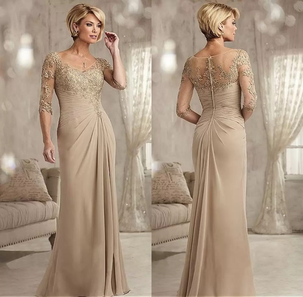 Champagne en dentelle perlée Mère de la mariée Robes du sol