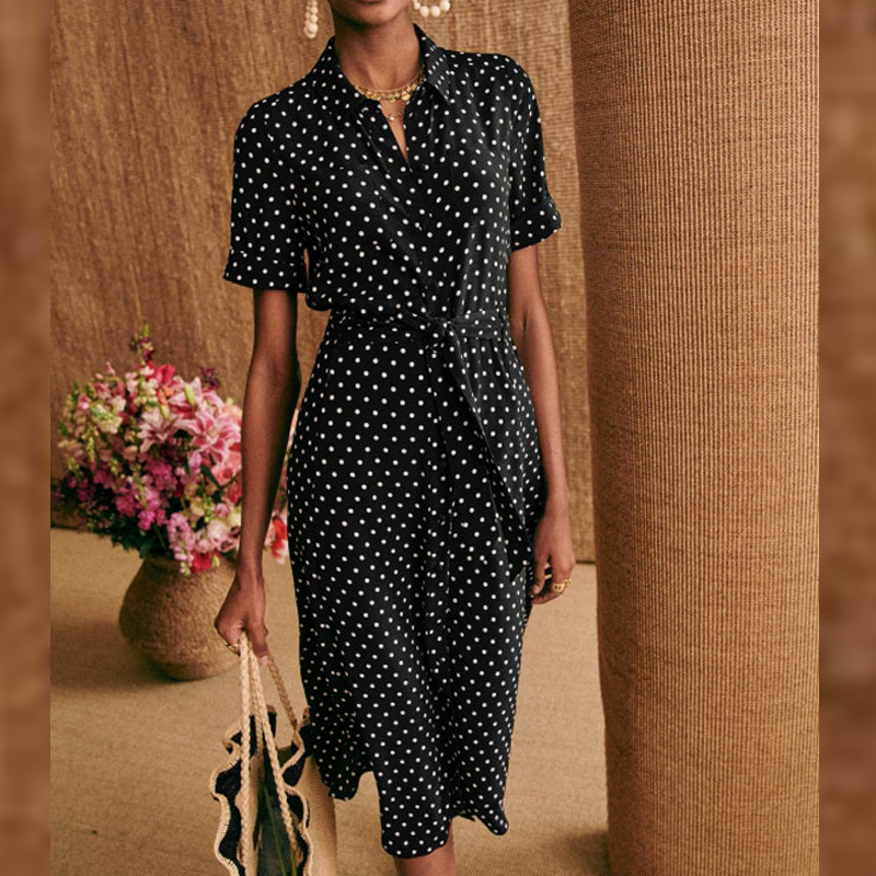 

Dresses Women franch sezane vintage polka dot lace up shirt dress, Black