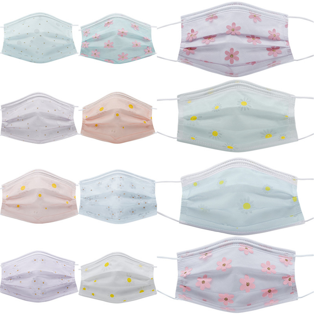 

Flower Printed Mesh Disposable Face Masks Breathable 4-Ply Non-Woven Cup Dust Masks with Elastic Earloop for Adults