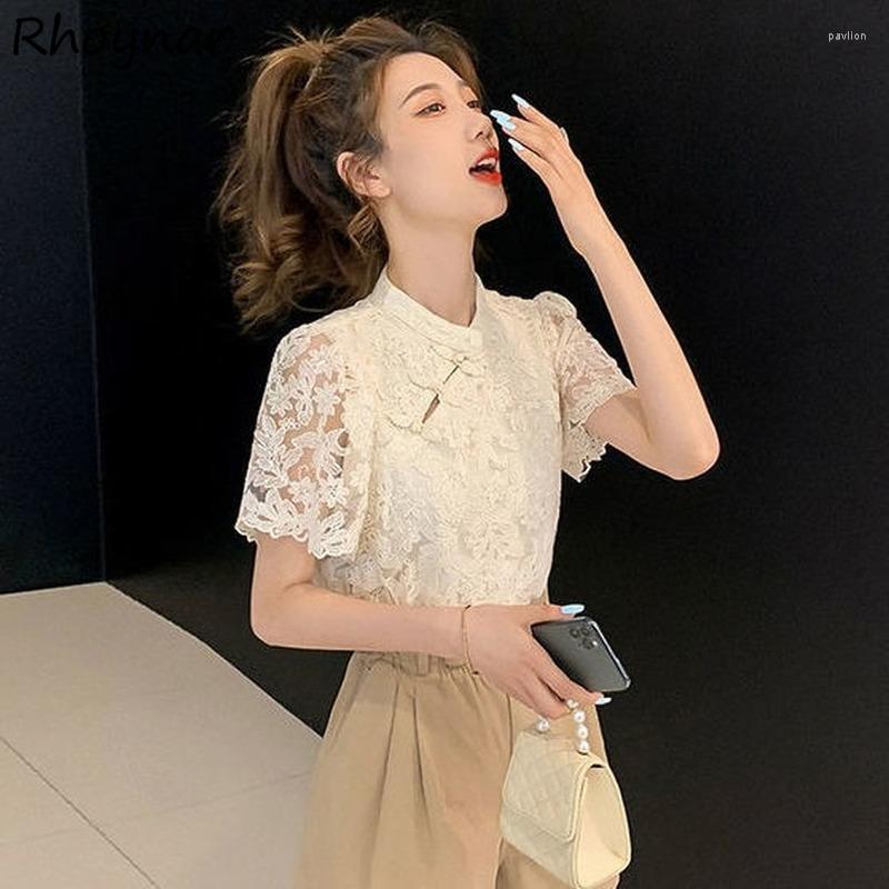 

Women' Blouses & Shirts Women Elegant Short Sleeve Lace Stand Collar Female Summer Arrival Korean Style Vintage Hollow Out Temperament Tops, Apricot