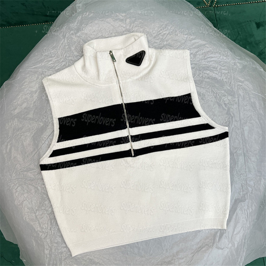 

Triangle Badge Womens Tanks Sleeves Turtleneck Knit Vest Casual Fashion Knitted Zipper Design Tank Tops, White with label